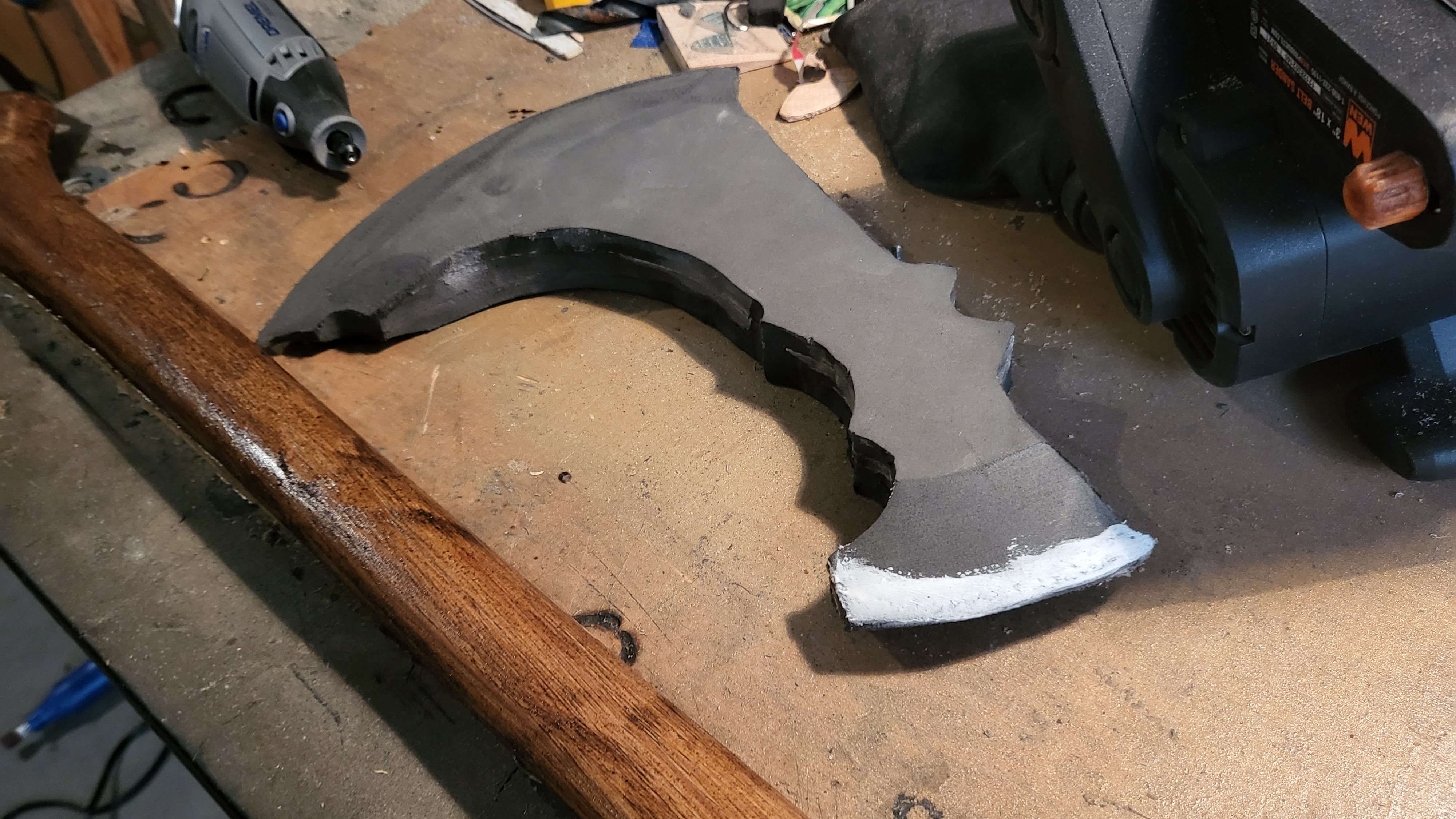 A in progress photo of the axe